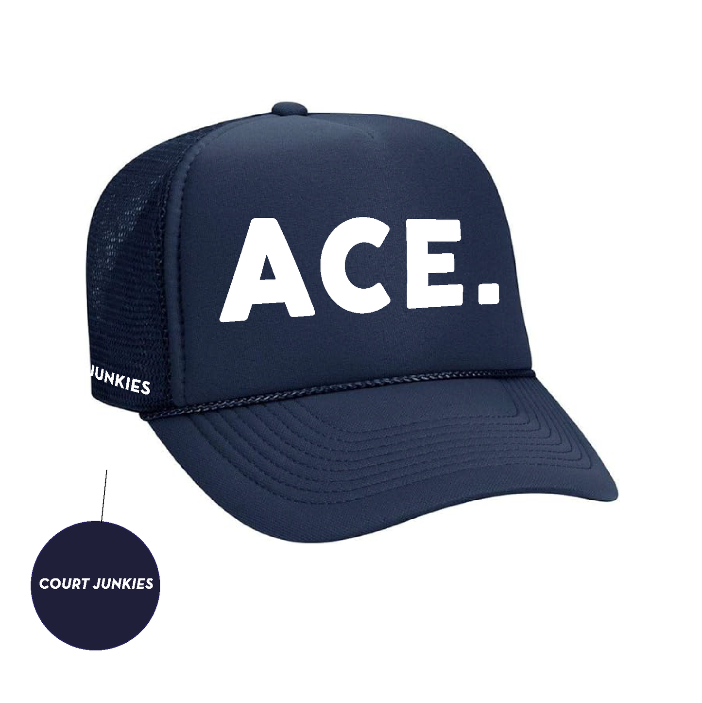 COURT JUNKIES® CLASSIC EMBROIDERED DETAIL ACE. TRUCKER HAT - NVY