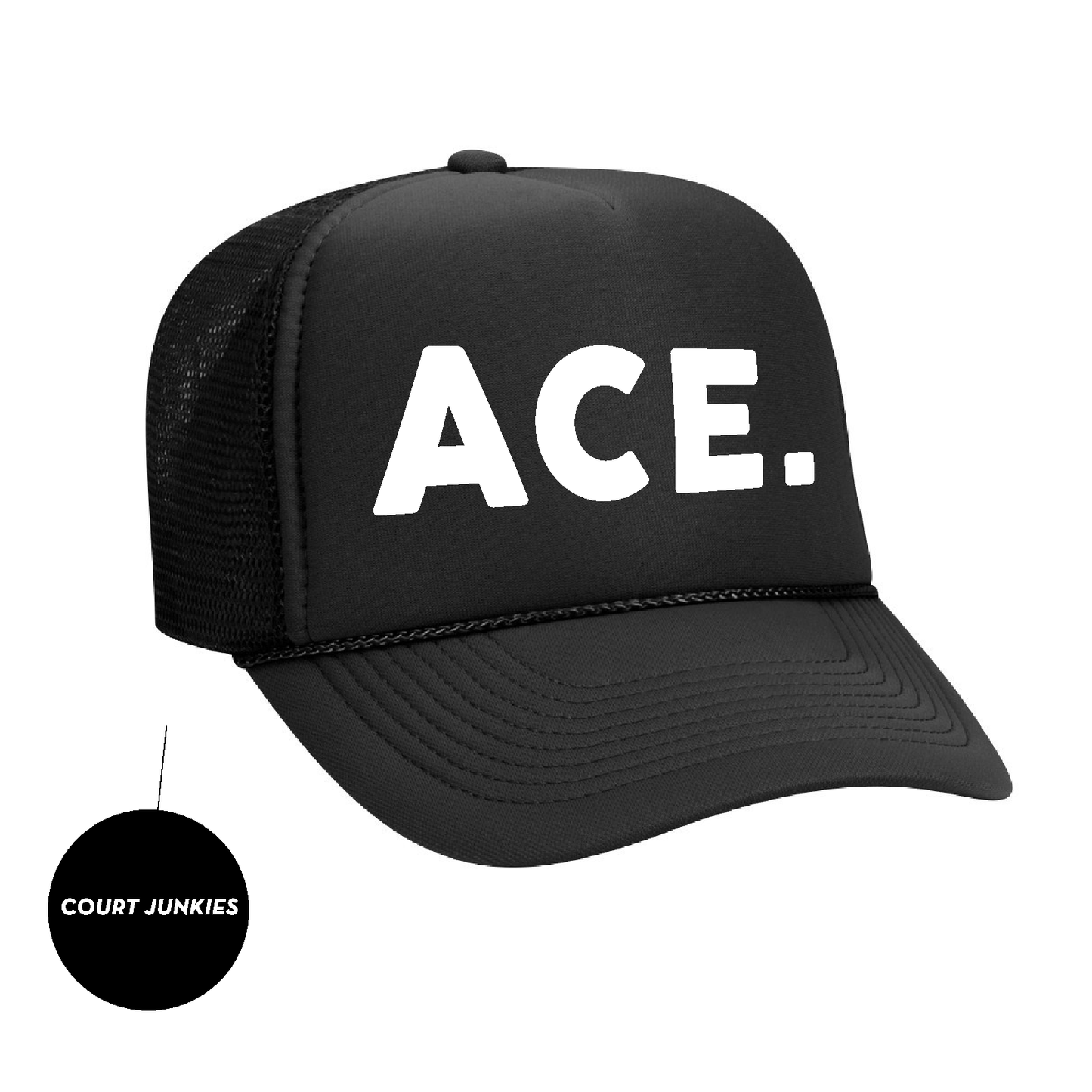 COURT JUNKIES® CLASSIC EMBROIDERED DETAIL ACE. TRUCKER HAT-BLK