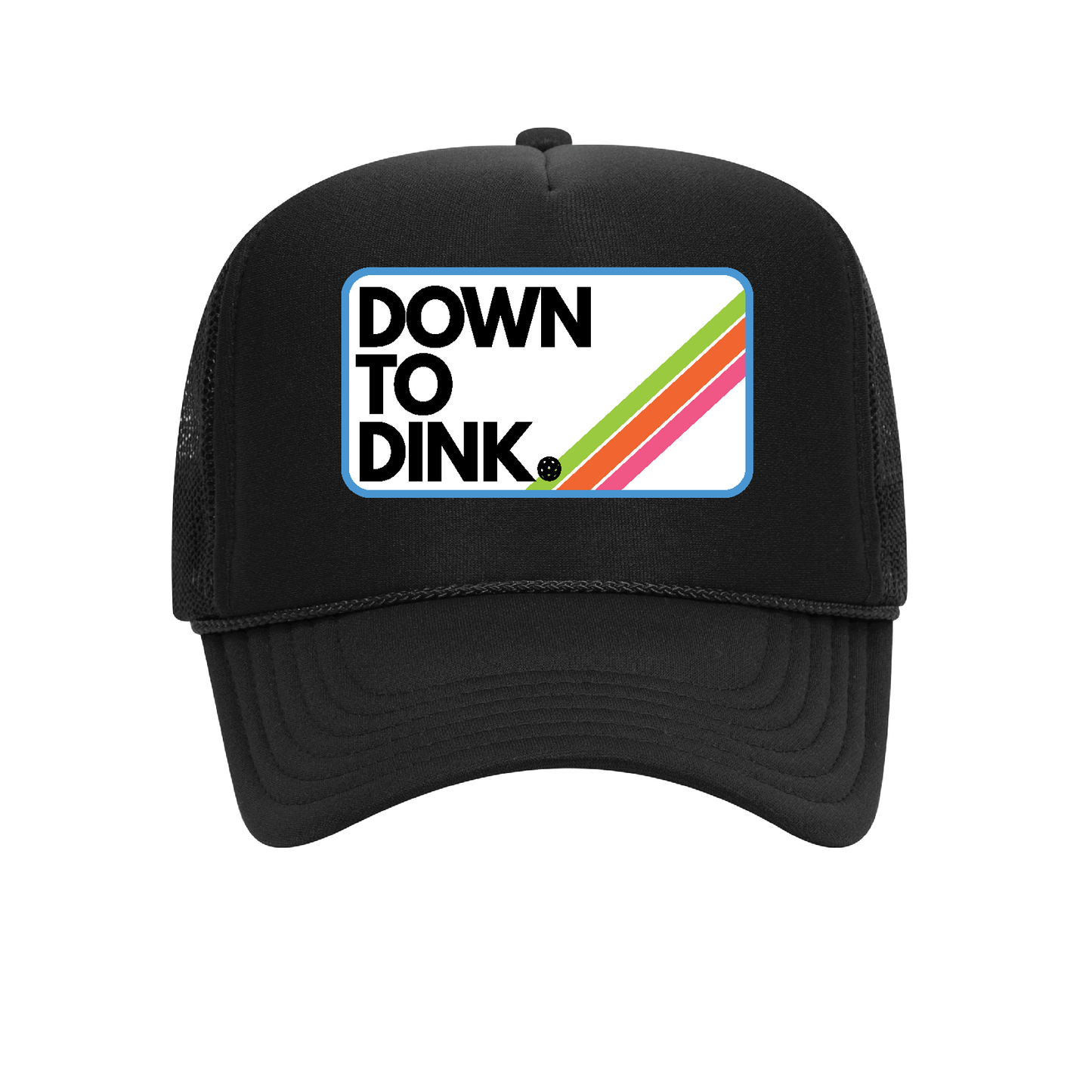 COURT JUNKIES® EMBROIDERED PATCH DOWN TO DINK. TRUCKER HAT - BLK