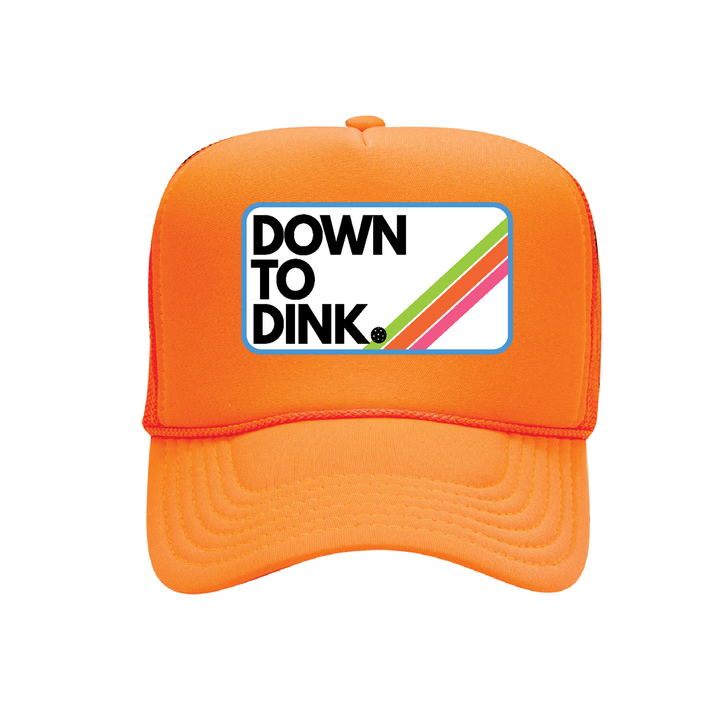 COURT JUNKIES® NEON ORANGE, EMBROIDERED PATCH DOWN TO DINK. TRUCKER HAT