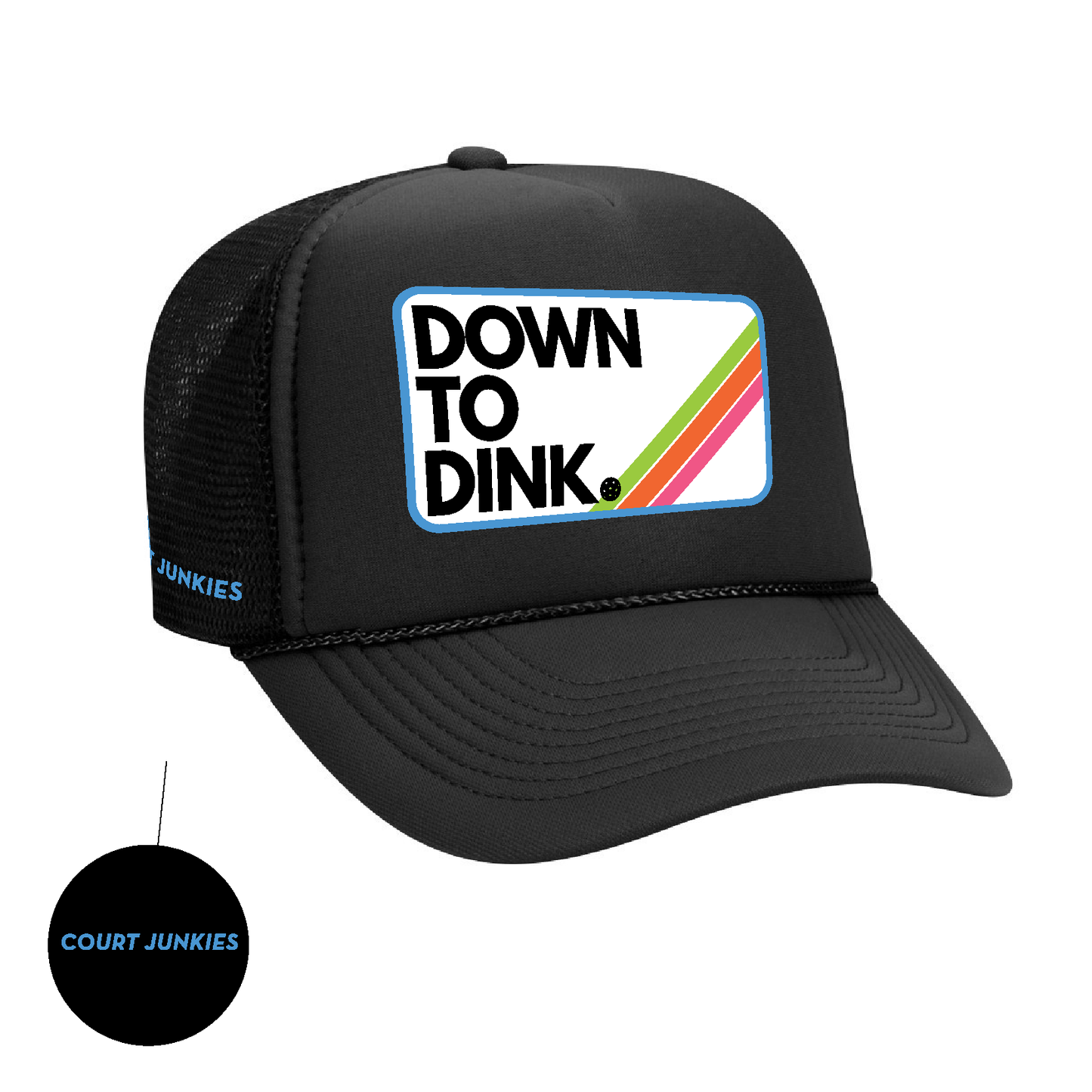 COURT JUNKIES® EMBROIDERED PATCH DOWN TO DINK. TRUCKER HAT - BLK