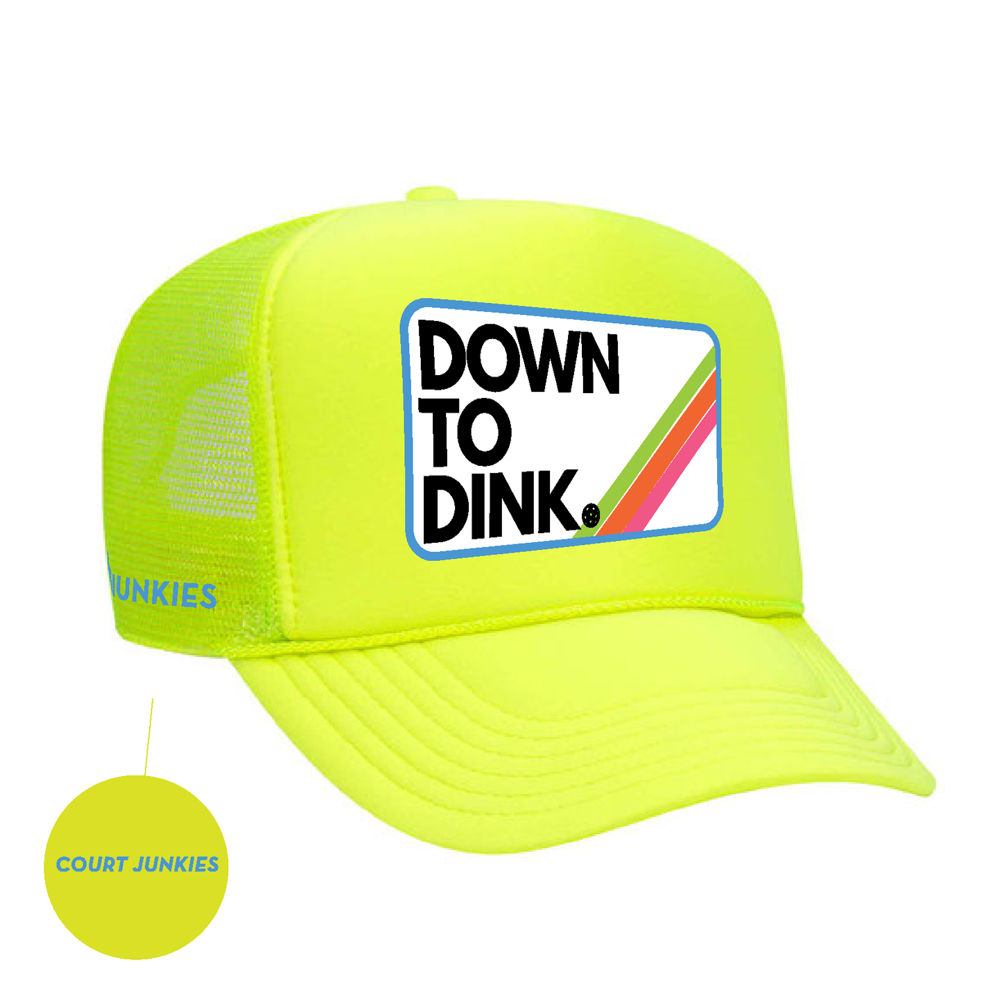 COURT JUNKIES® NEON LIME GREEN, EMBROIDERED PATCH DOWN TO DINK. TRUCKER HAT