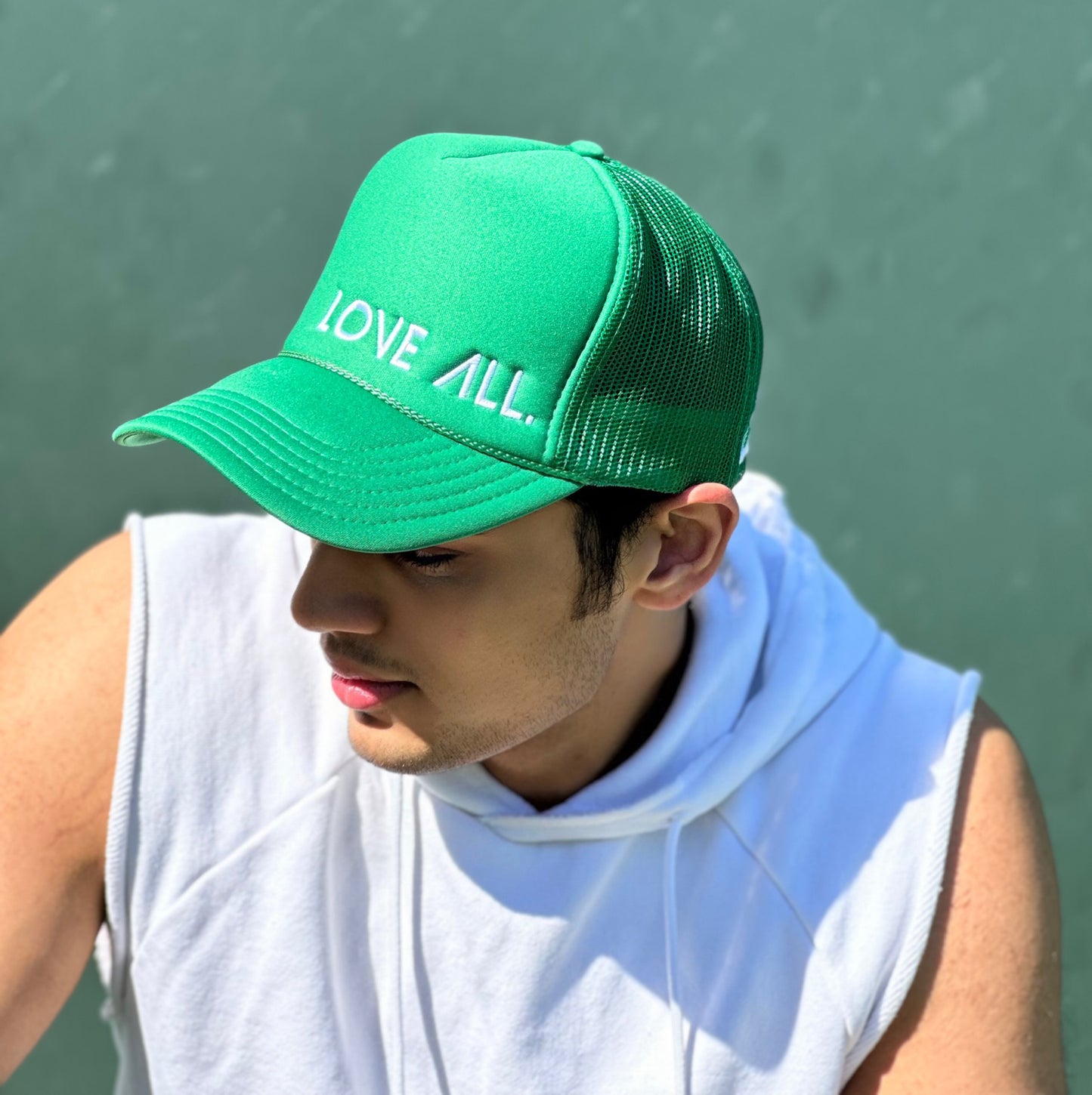 COURT JUNKIES® EMBROIDERED LOVE ALL. TRUCKER HAT- KELLY GREEN