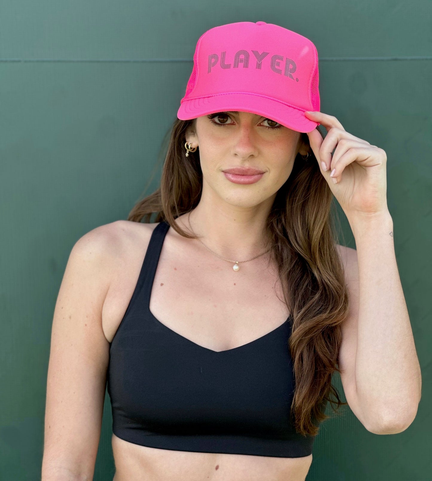 PLAYER. NEON PINK TRUCKER HAT