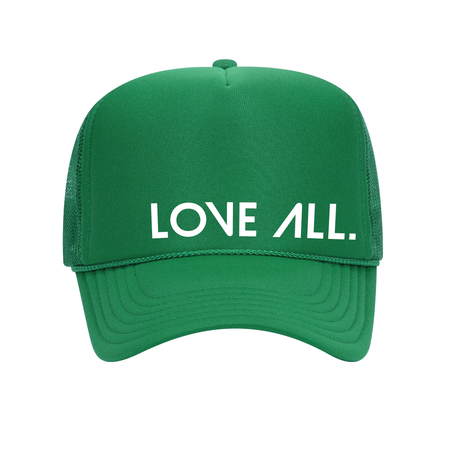 COURT JUNKIES® EMBROIDERED LOVE ALL. TRUCKER HAT- KELLY GREEN