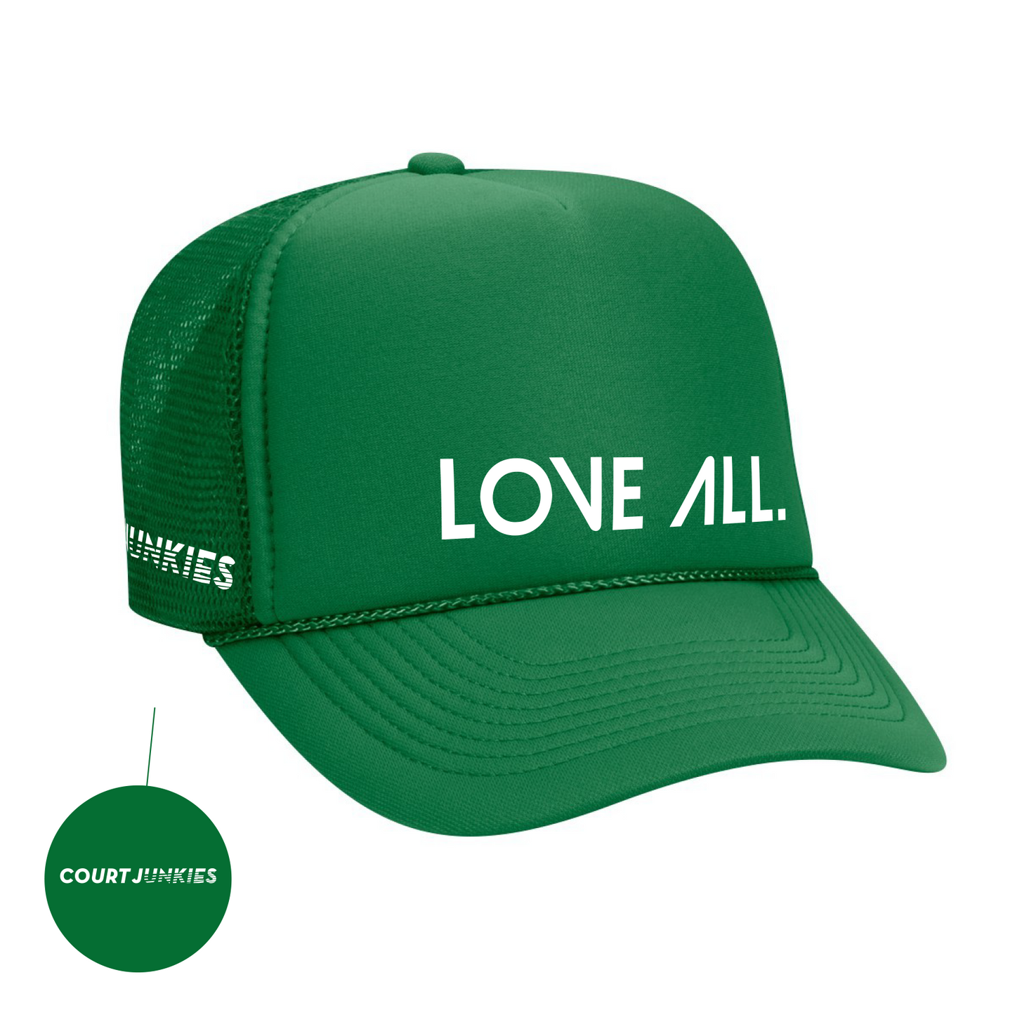 COURT JUNKIES® EMBROIDERED LOVE ALL. TRUCKER HAT- KELLY GREEN