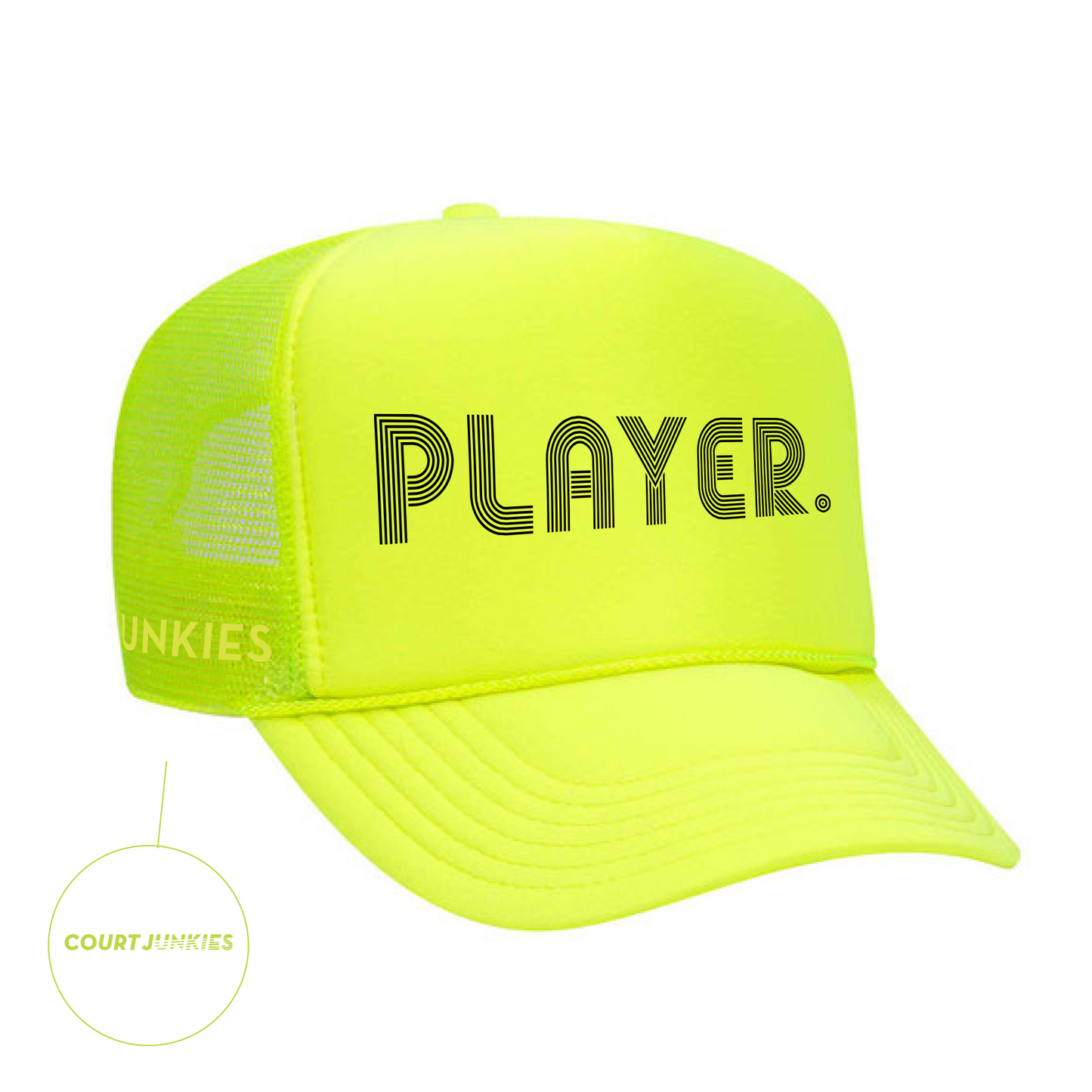 PLAYER. NEON TENNIS BALL, TRUCKER HAT