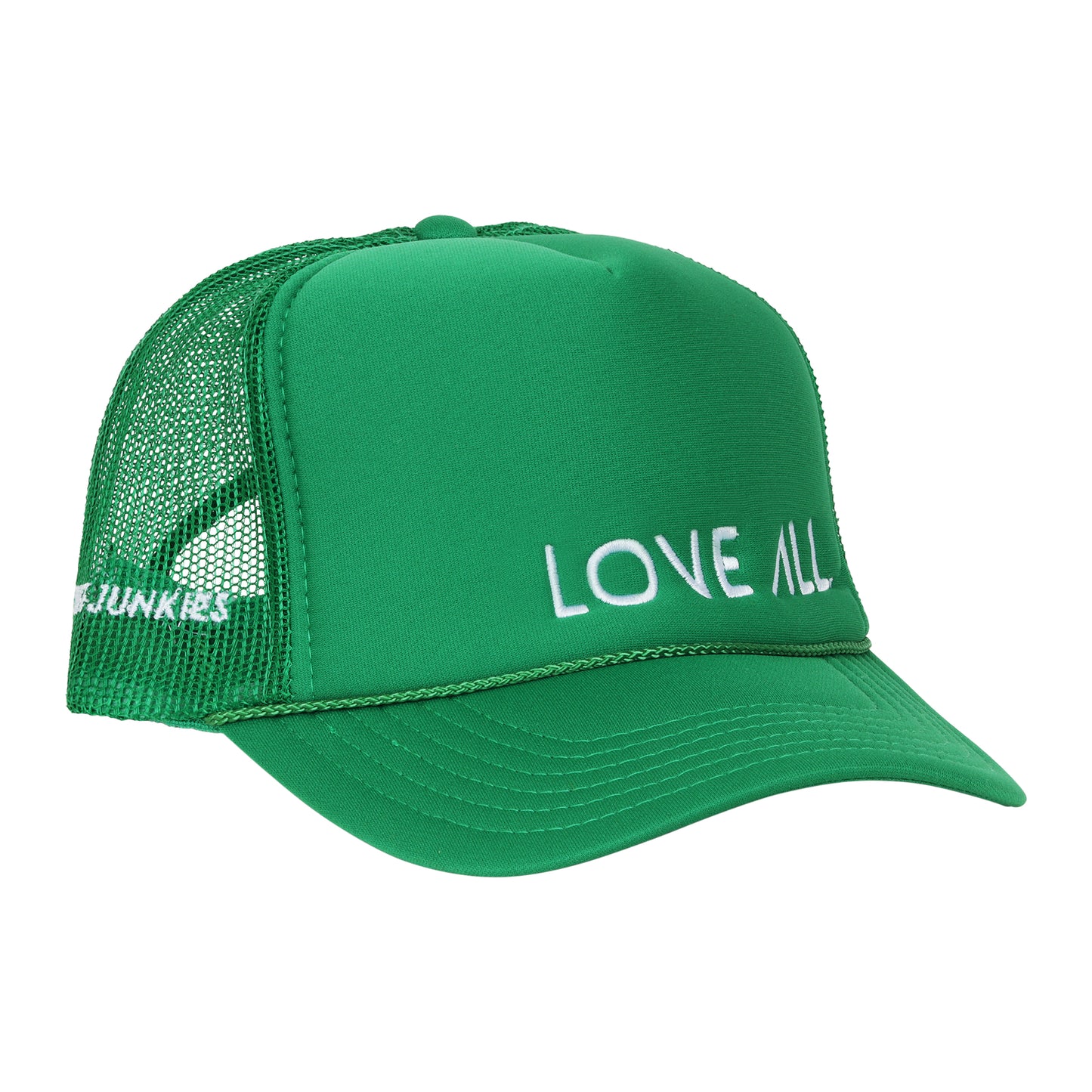 COURT JUNKIES® EMBROIDERED LOVE ALL. TRUCKER HAT- KELLY GREEN